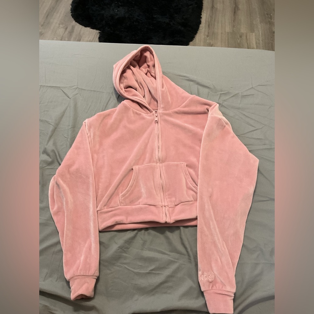 pink velour cropped hoodie